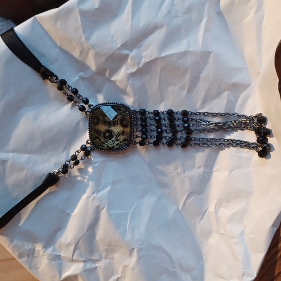 1928 Jewelry - 1928 Necklace Black and Yellow Rhinestones Dark Silver Tone, lace design